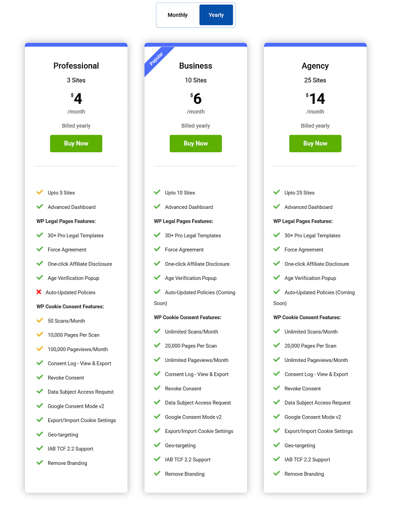 WP Legal Pages Pro Pricing Table