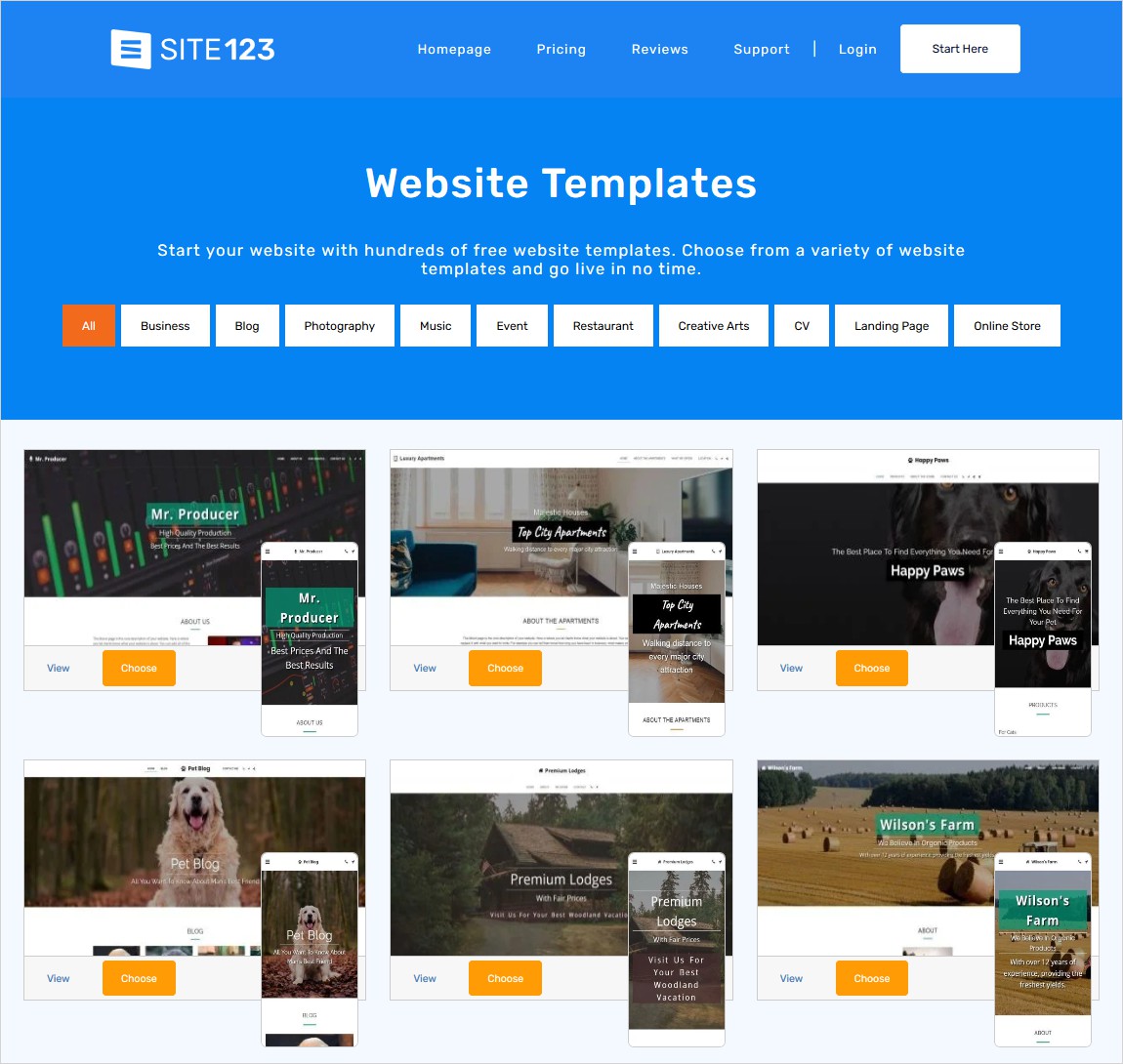 site123 review templates